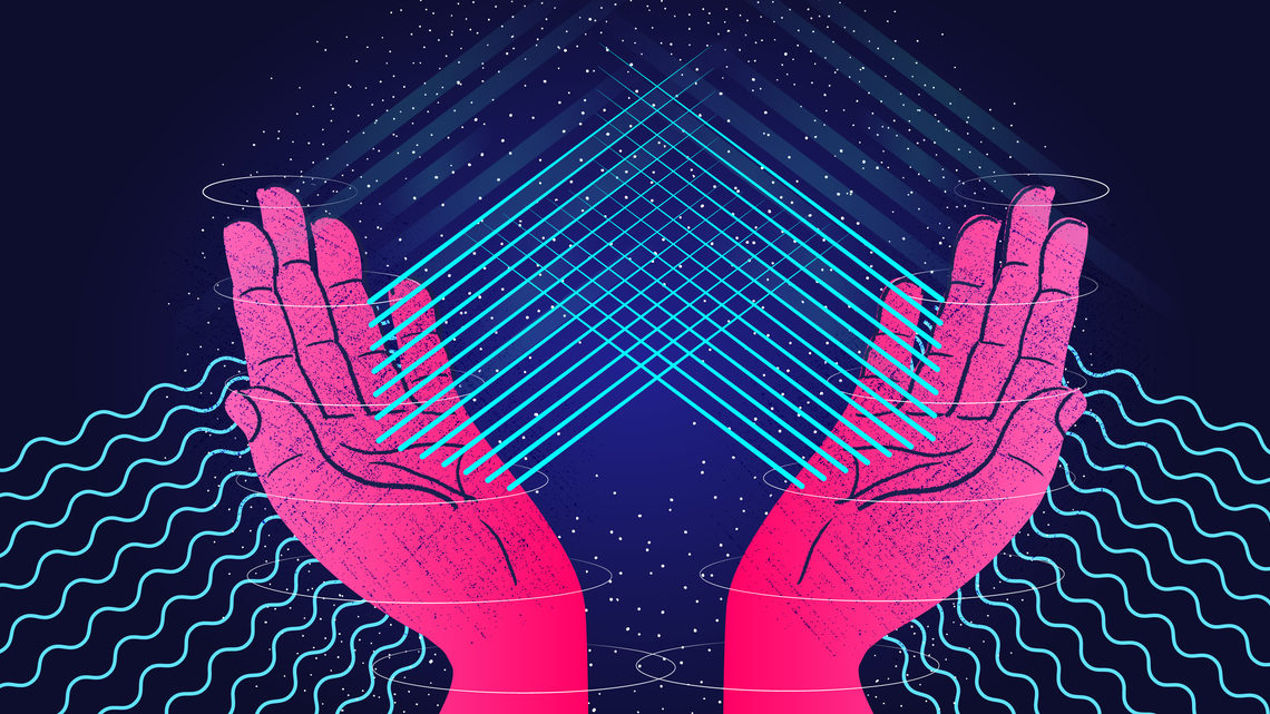 Illustration of hands with lines passing through them representing neutrinos