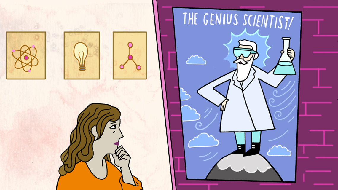 Illustration of a woman contemplating a poster of a man labeled as "the genius scientist"