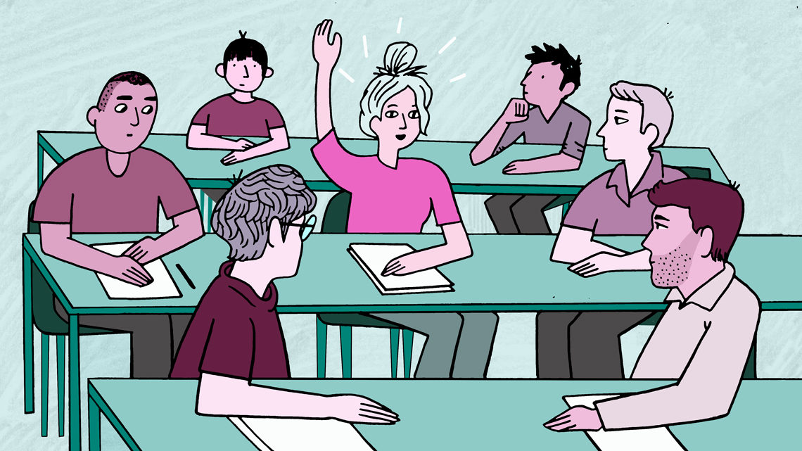 Illustration of a student raising her hand in class