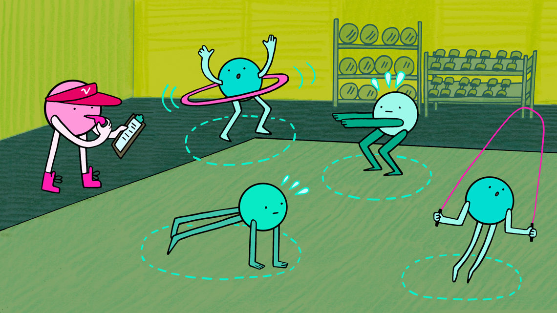 Illustration of neutrinos lifting weights in the gym, the Standard Model fitness test (pink, dark and light green, teal)