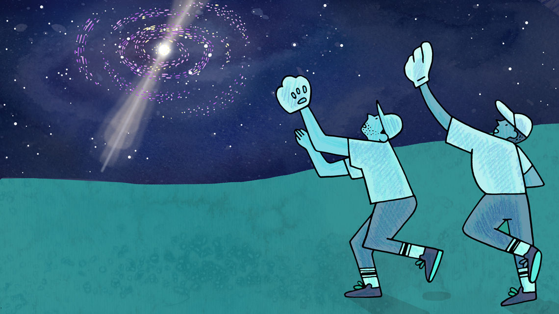 Illustration of people playing catch in a field with a supernova in the sky (teal, navy, purple)