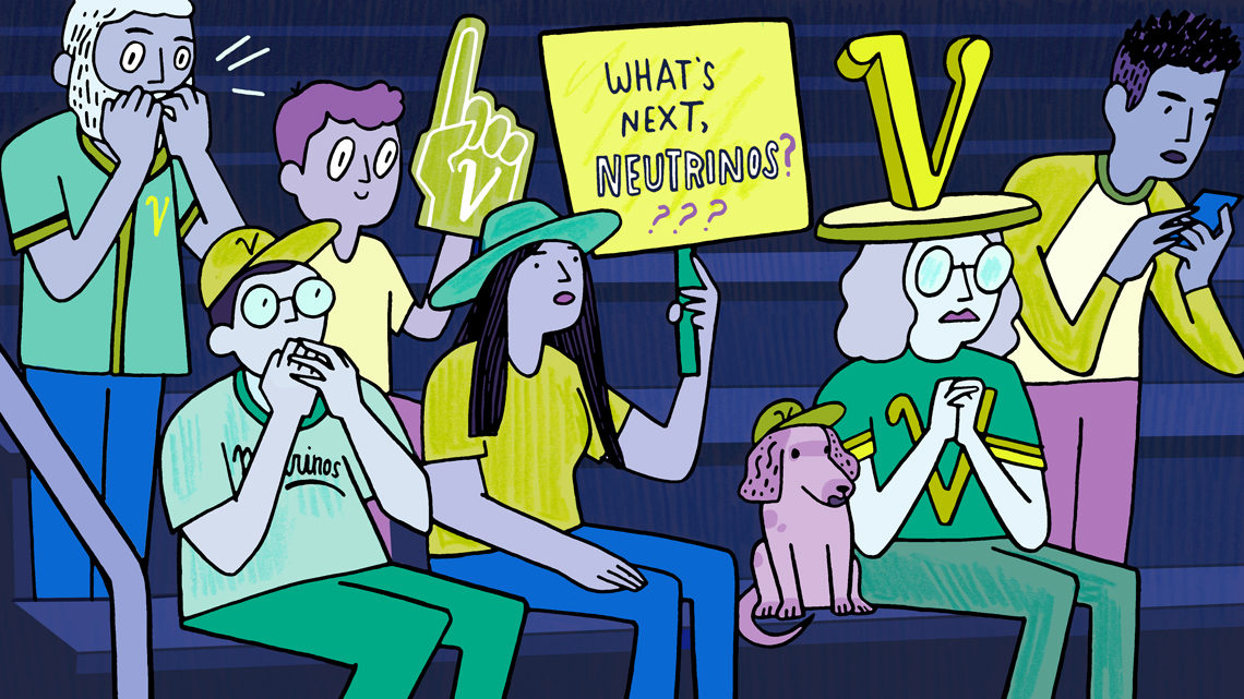 Illustration of crowd of people in the stands of a game, one woman holding sign that says "What's next, neutrinos?"