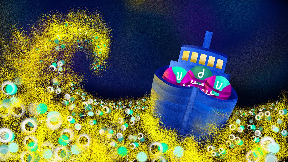 Illustratie van drie deeltjes in een boot die drijft in een zee van quarks