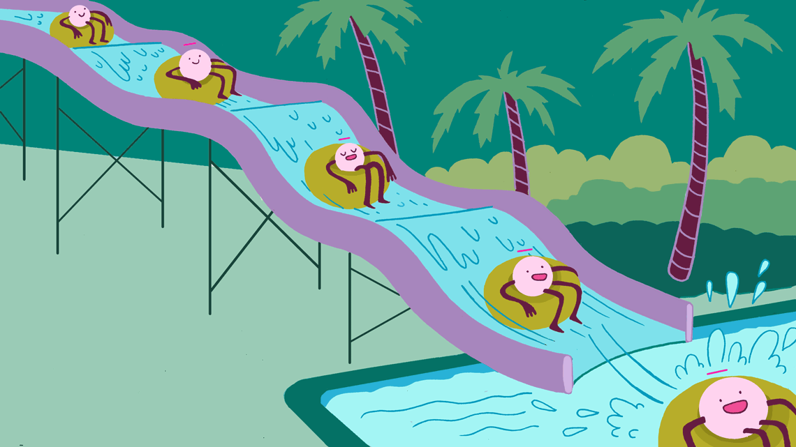 Particles going down waterslide / lazy river