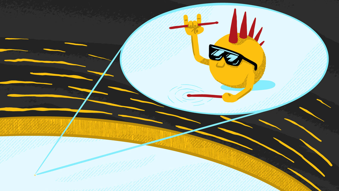 Illustration of a particle with a mohawk, sunglasses and some drumsticks banging on the "drum."