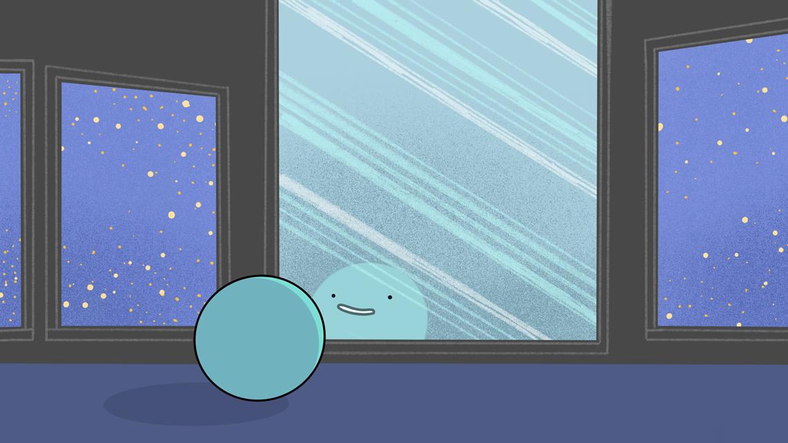 Illustration of a Higgs boson looking in a mirror in a hallway