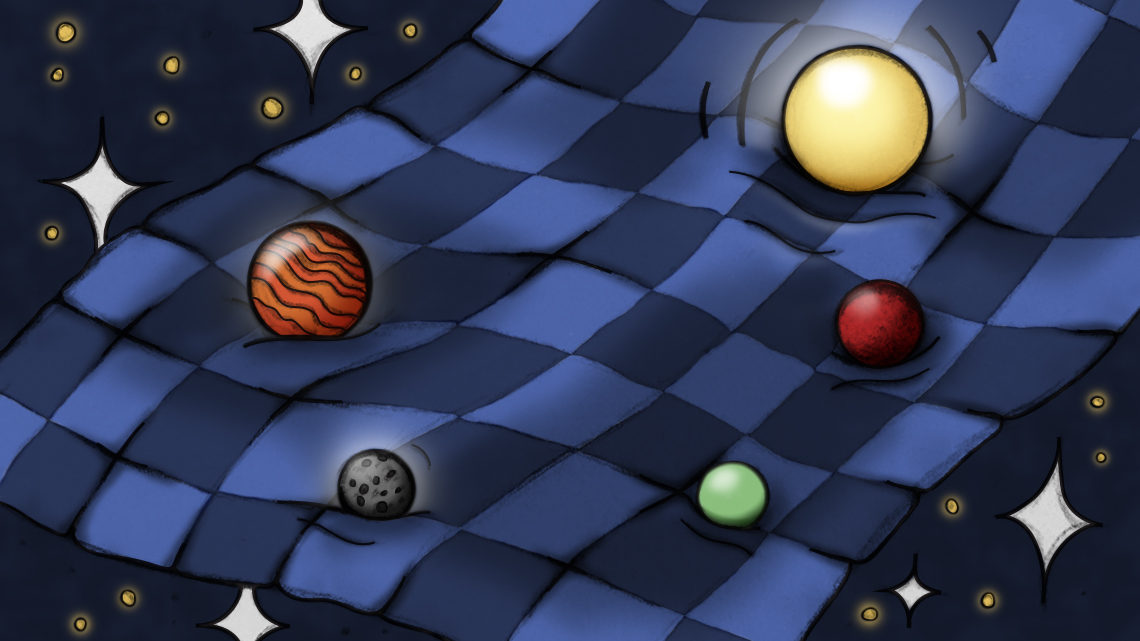 Checkered bed spread with stars around and planets on bed spread