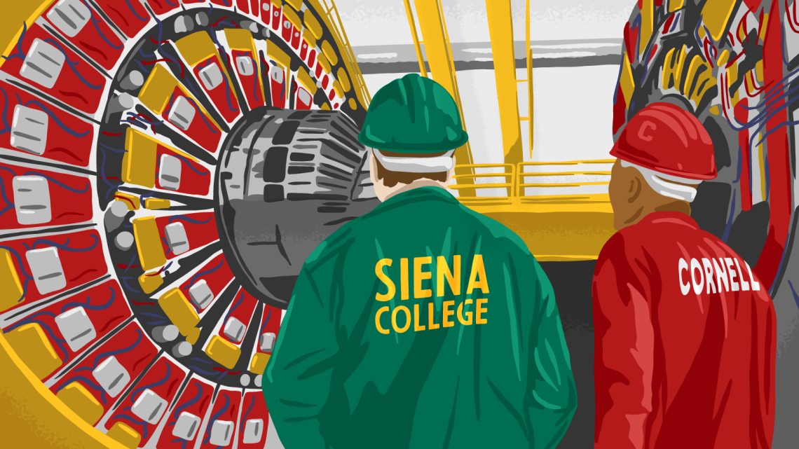 Illustration depicting Siena and Cornell collaborating with some hands-on research at the LHC