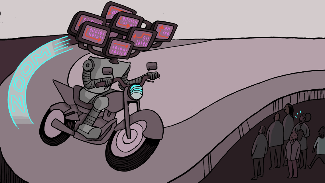 Robot on motorcycle with computer monitors as a head