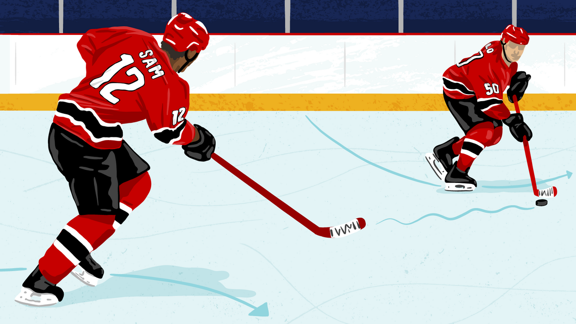 Illustration: hockey player "Sam" passes the puck to hockey player "Flo"