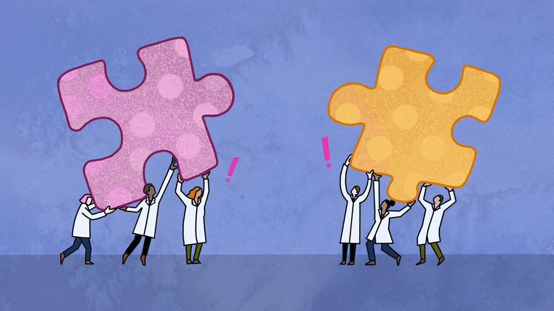 Illustration: Anomalies hand hold two conflicting puzzle piece shapes