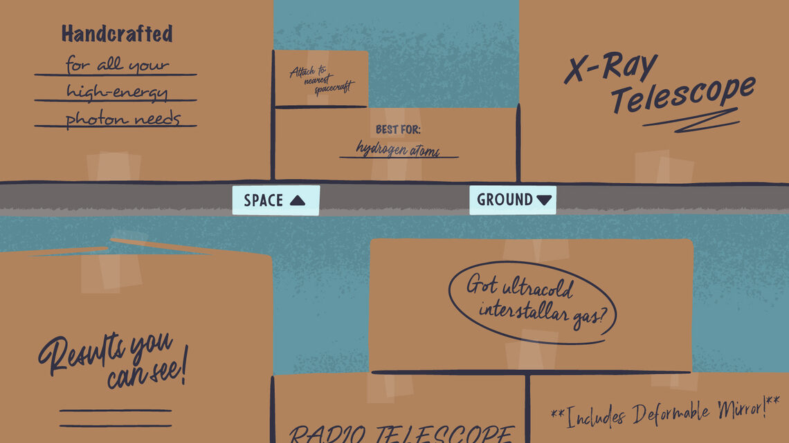 Illustration: Boxes on a shelf with markings on them that allude to different types of telescopes
