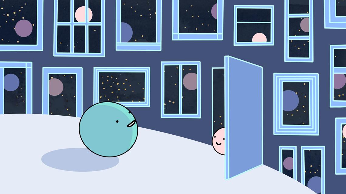 Illustration of a Higgs boson encountering other particles through windows and doors