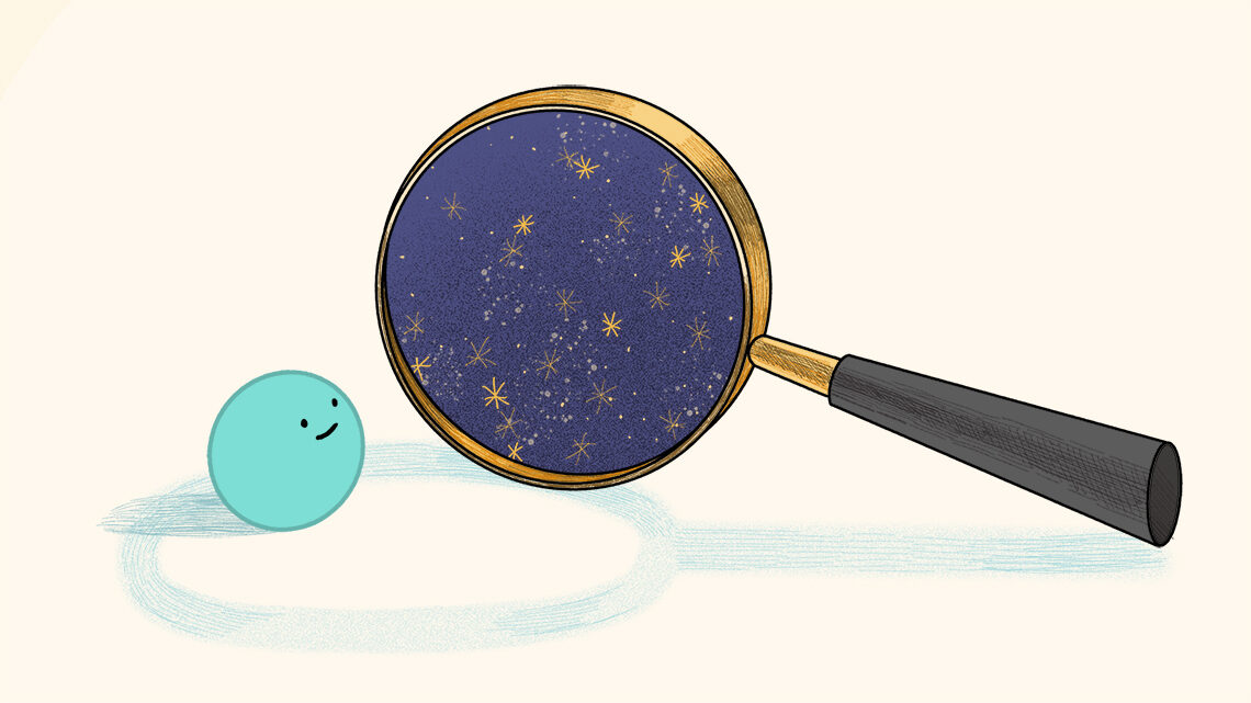 Illustration: Particle looking through magnifying glass of sky