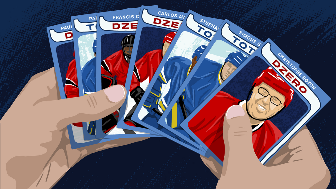 Illustration: hockey player cards featuring the names of experiments and scientists