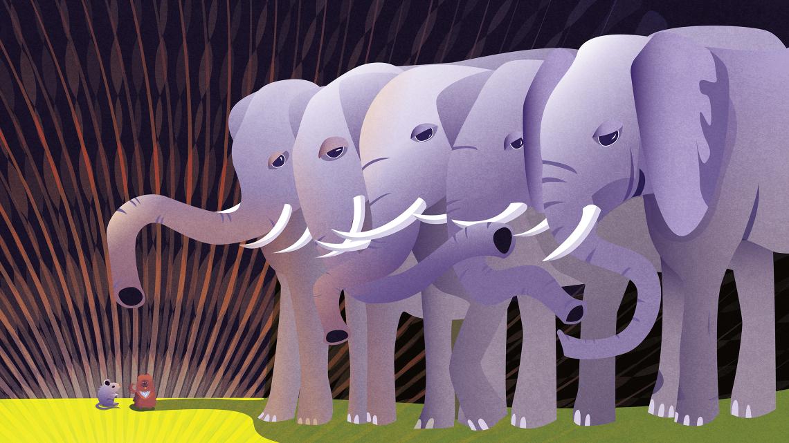 Illustration of a mouse on the left and five elephants on the right