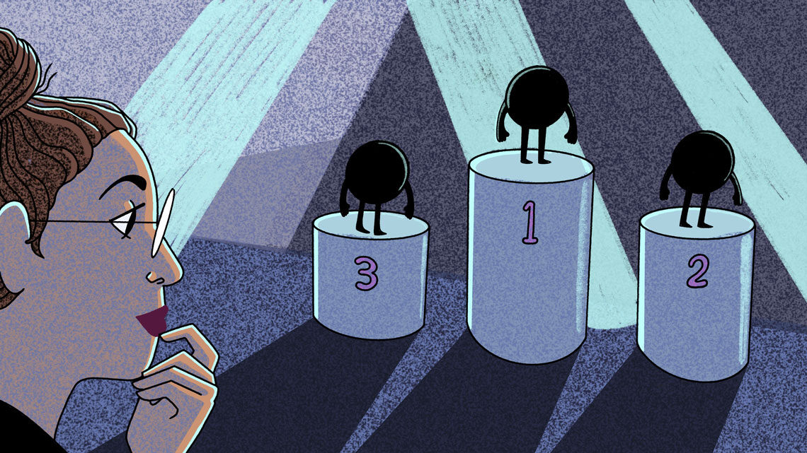 Illustration of three silhouettes of neutrinos on podiums