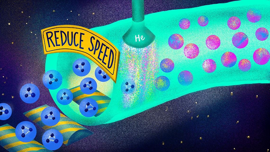 Illustratie van deeltjes die een pijp binnenkomen met a "snelheid verminderen" teken hierboven