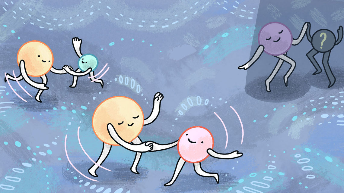 Illustration: Higgs boson dances with quarks. Neutrino dances with mystery date.