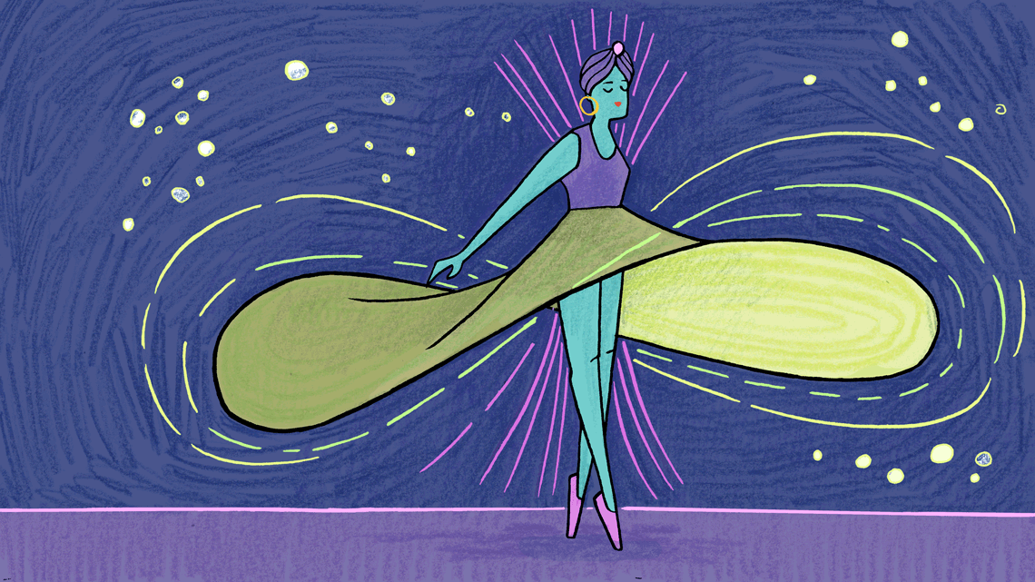 Woman with dress moving in infinity sign formation with yellow streaks around and purple around her body