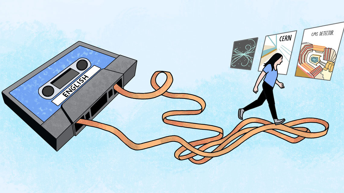 Illustration of a woman walking on an English cassette tape ribbon toward a career in science