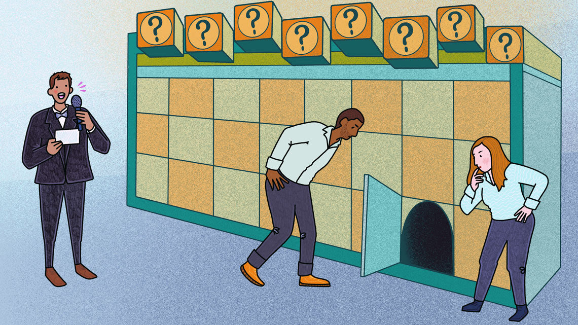 Illustration: A path appears in game show board and scientists check it out