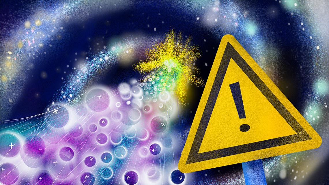 Illustration of a caution sign floating in space near a stream of particles