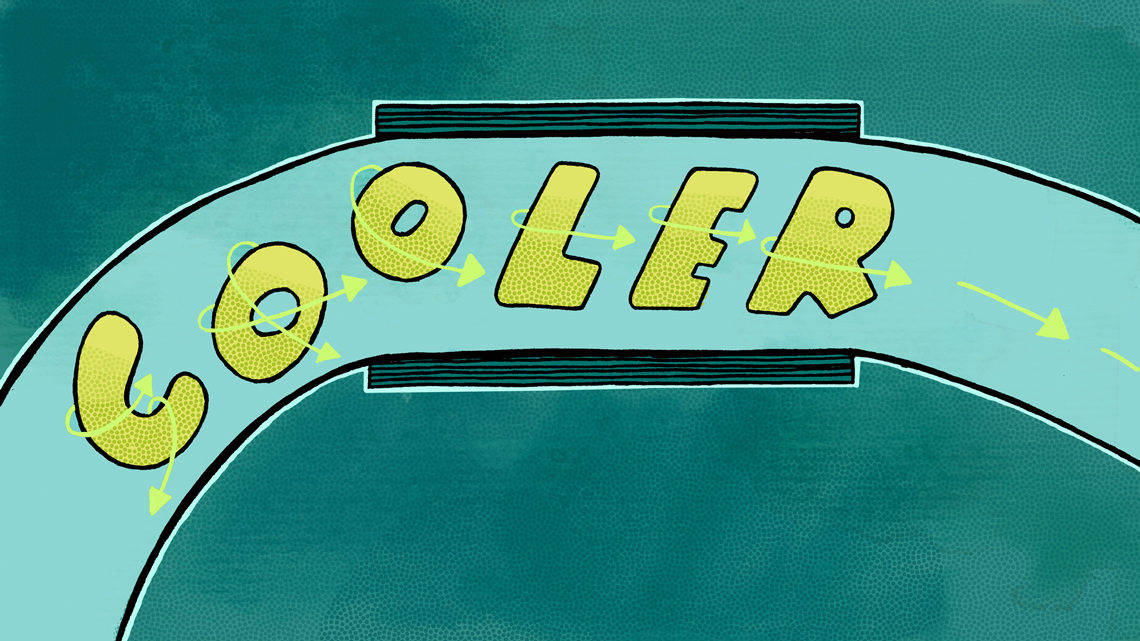 Yellow and green graphic of the word "cooler" moving through tunnel