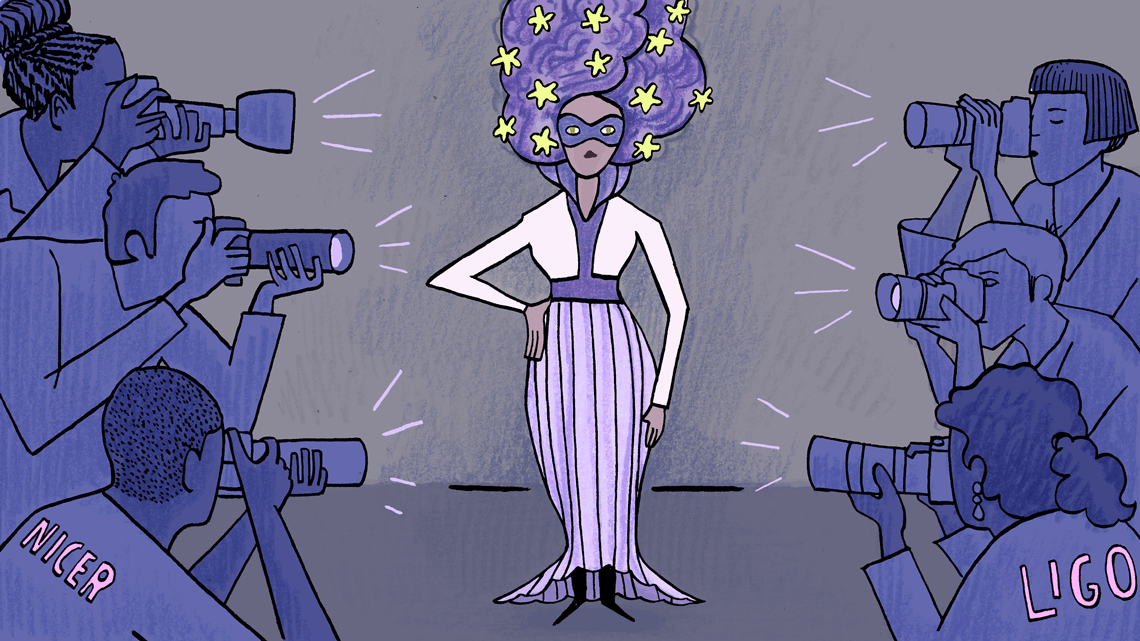 Woman with star head dress in the center of paparazzi