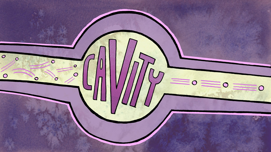 Purple and yellow graphic with "cavity" in it 