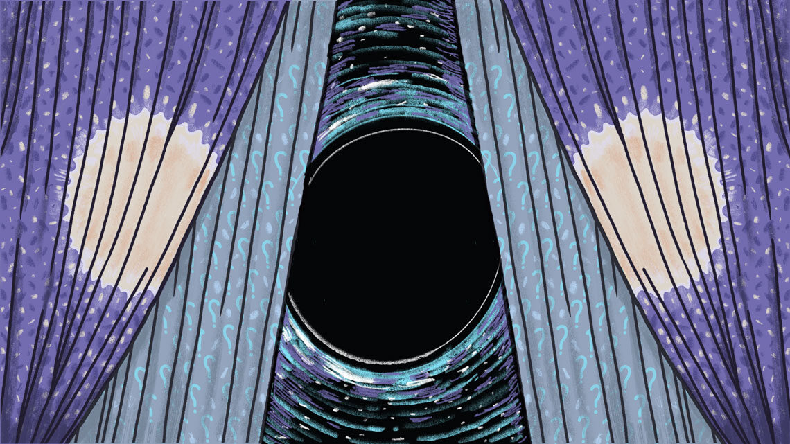 Illustration of a black hole hiding behind several curtains