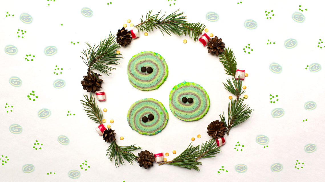 Gravitational waves cookies, inside wreath with polka dot background