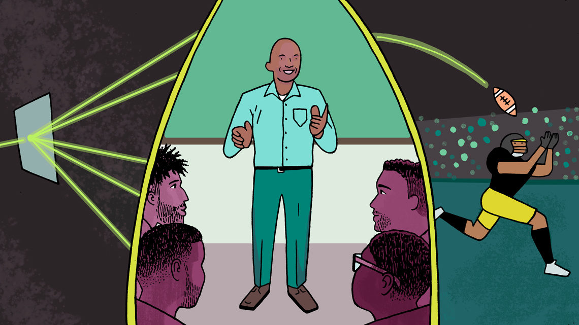 An illustration of Dr. Willie Rockward that combines elements of football and teaching physics