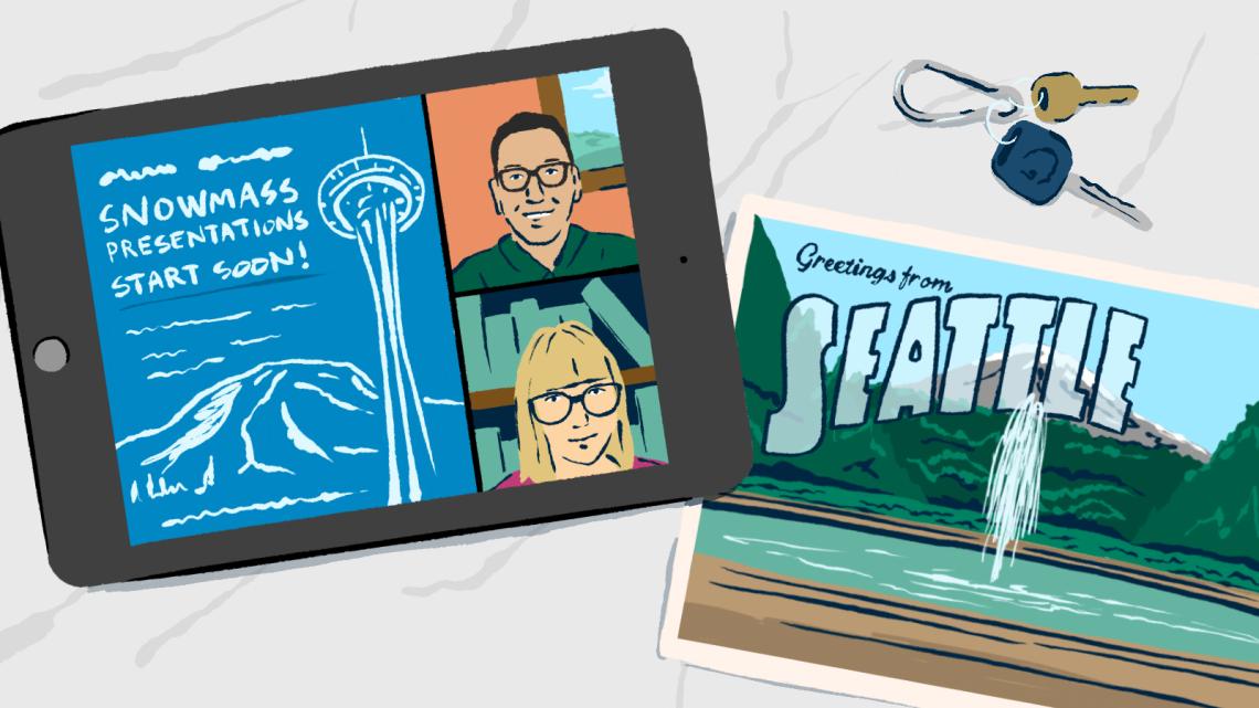 Illustration of the Snowmass meeting being streamed on a tablet and a postcard from Seattle