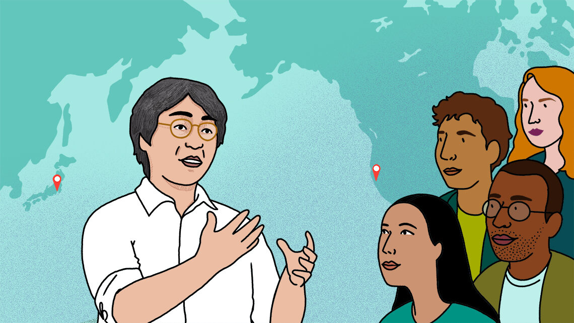 Illustration of Hitoshi Murayama speaking to a diverse group
