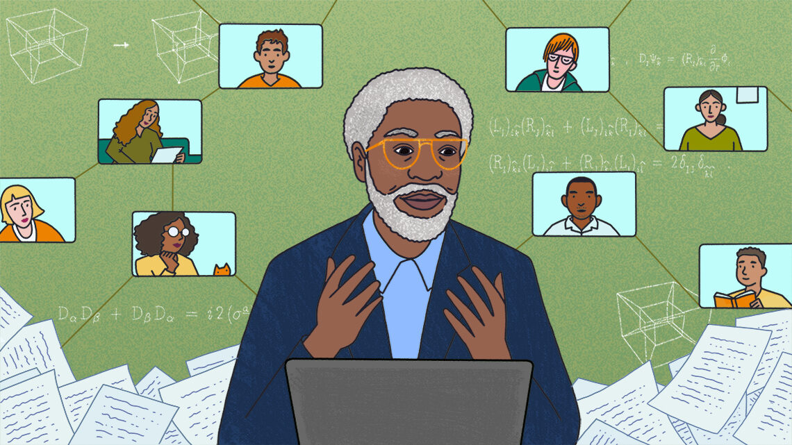 Illustration of Jim Gates surrounded by faces on screens
