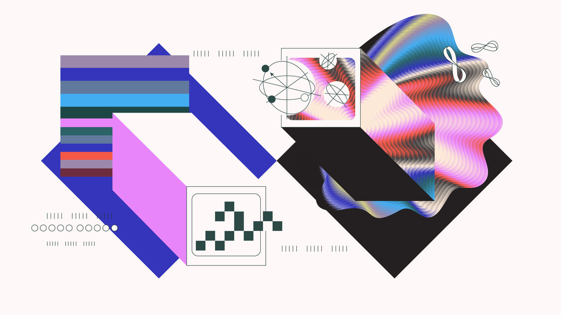 Illustration blue diamond shape with computer and colored strips in square, black diamond shape with computer and quantum waves