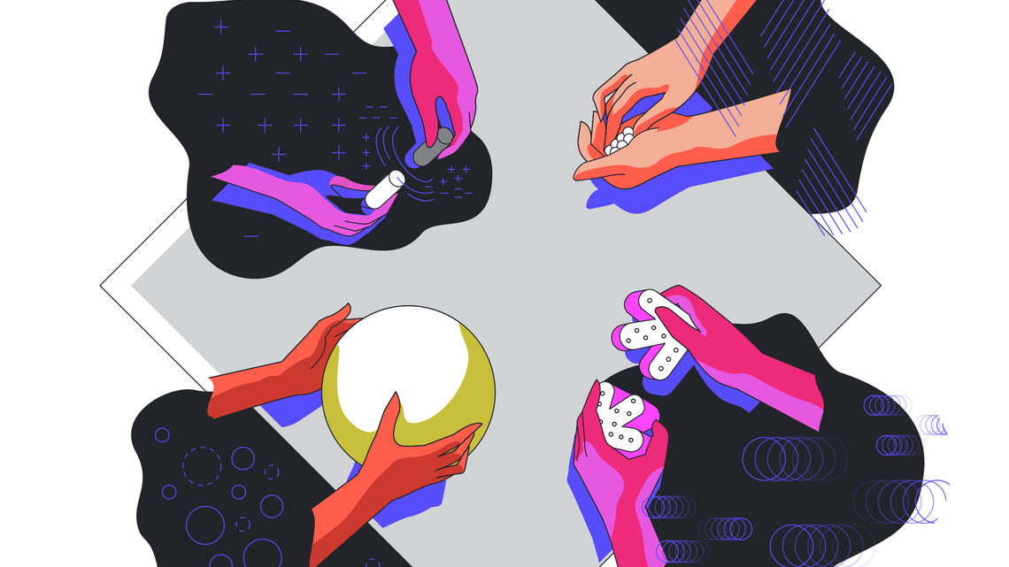 Illustration of hands (four sets) on grey diamond shaped table feeling Tactile Collider (magenta, coral, grey, pink, black)