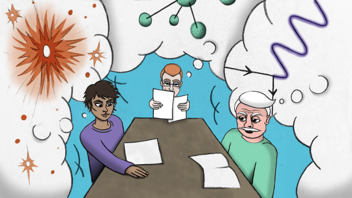 Three people sitting at table with clouds of science around them
