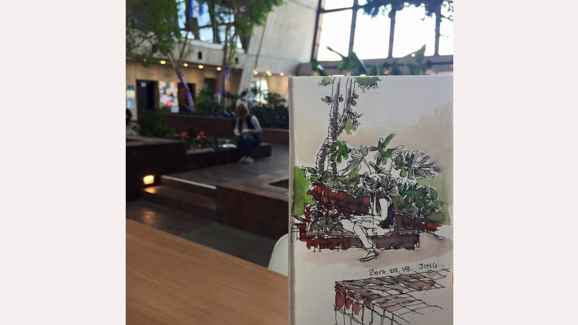 Painting of a person sketching trees in Wilson Hall atrium