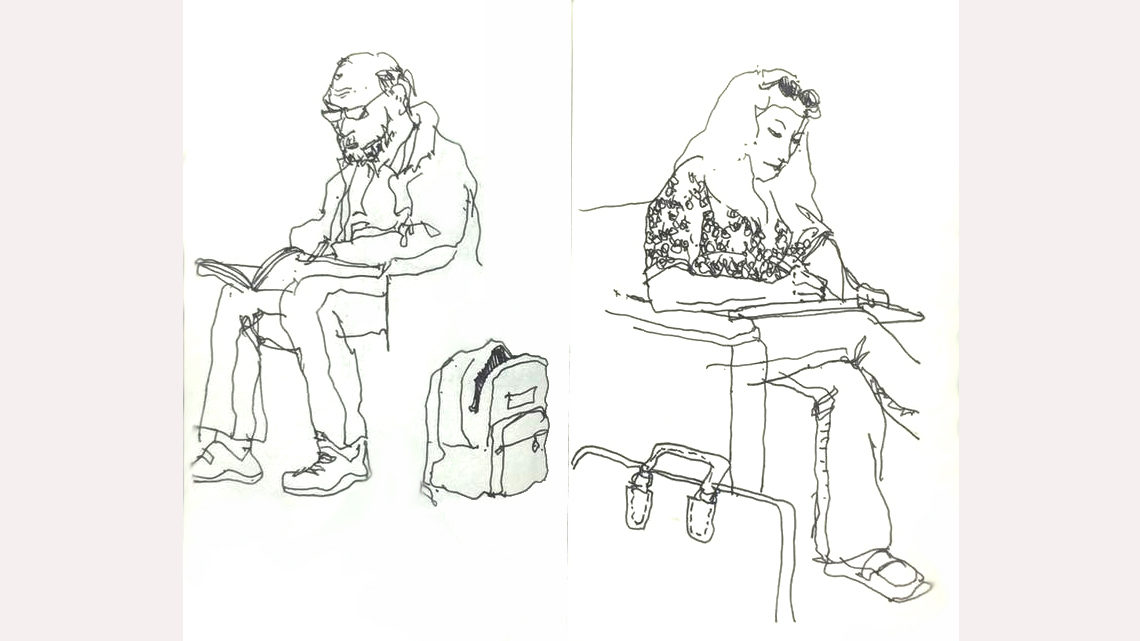 Ink drawings of two people sitting with sketch pads