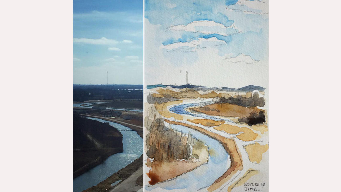 split image: left half is a photo of a moat-like pond on Fermilab's prairie; right is a drawing of the same