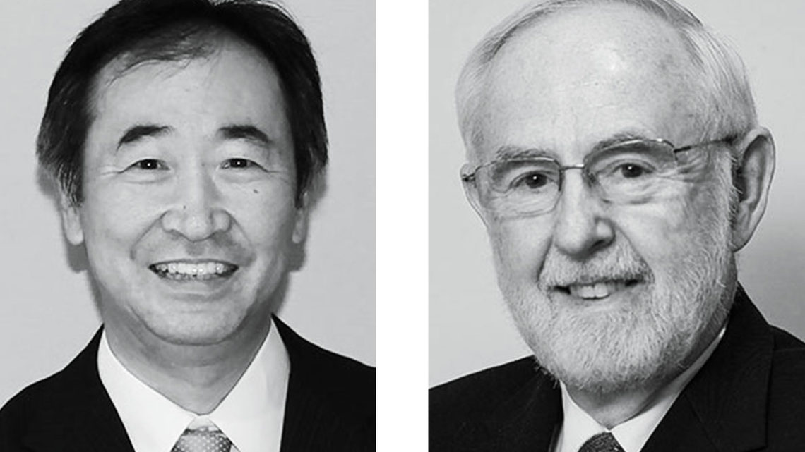 Photo of nobel physicists Takaaki Kajita and K. MacFarlane 2015