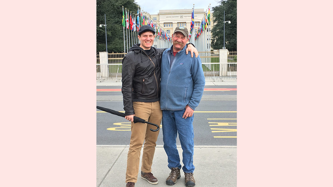 Pasner and his dad in front of a United Nations building