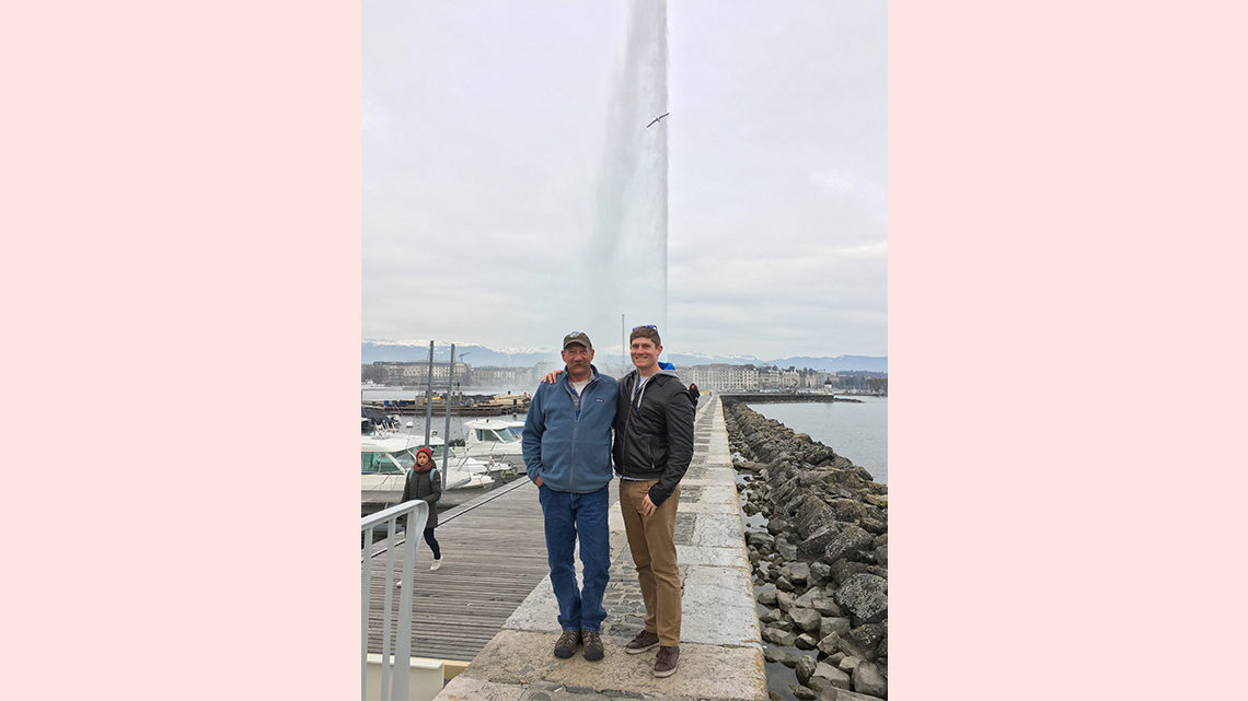 Pasner and his dad near the Jet d'Eau fountain in Geneva
