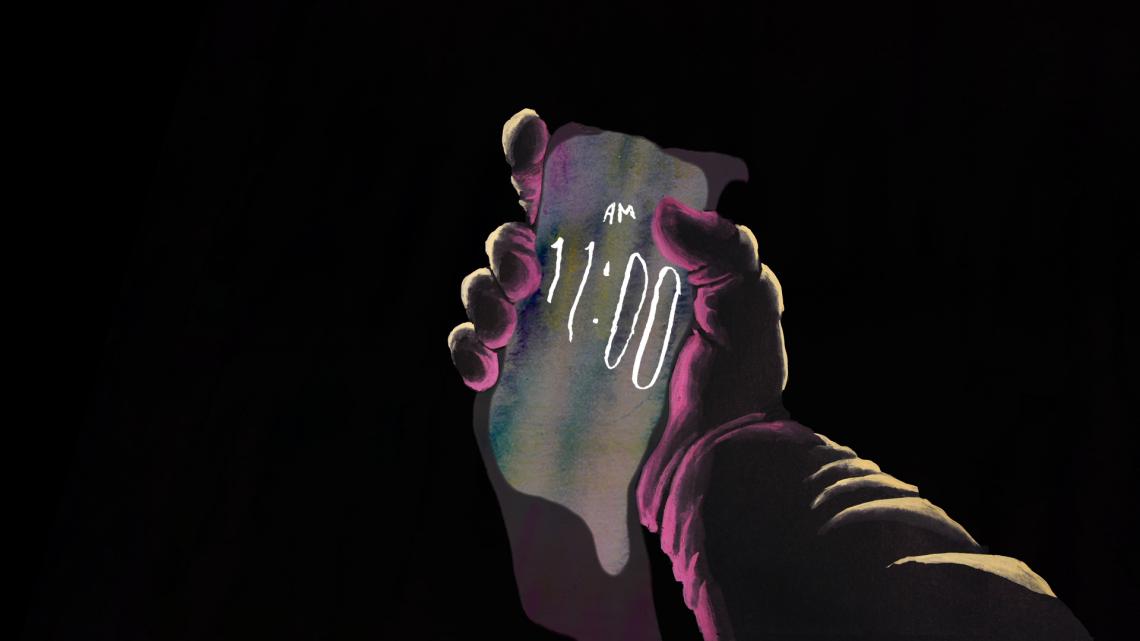 "11:00am," depiction of a hand holding a melting smartphone displaying the time