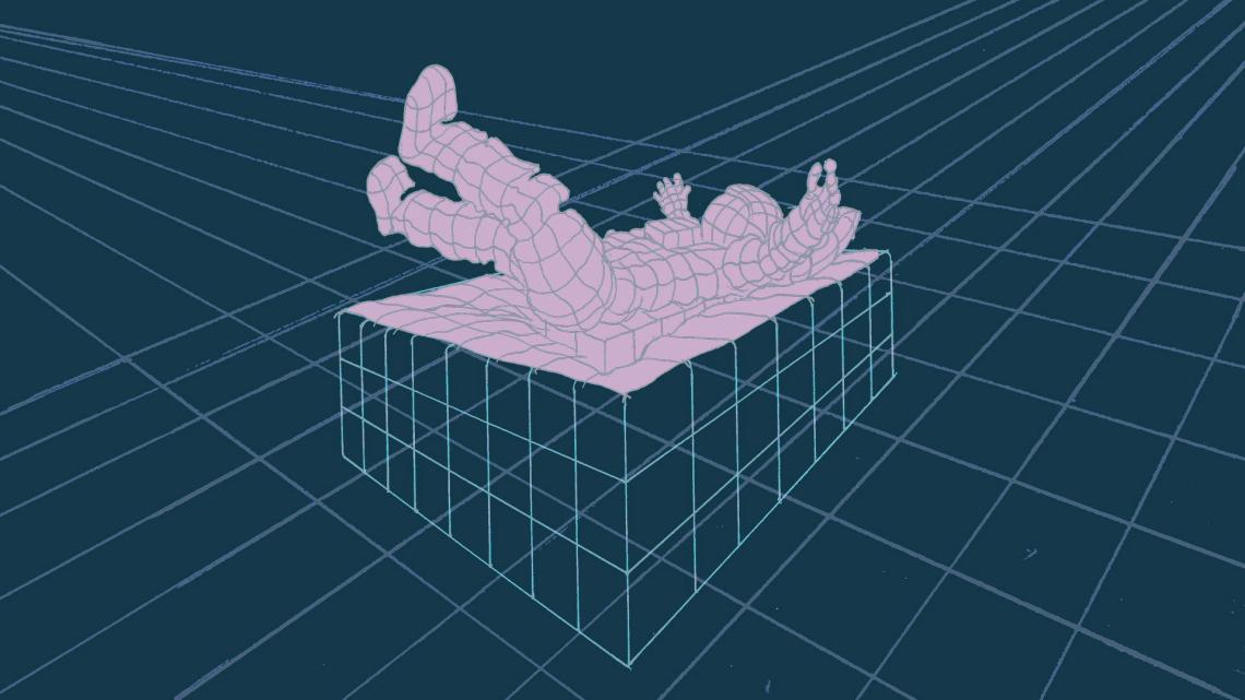 depiction of an astronaut falling backwards onto a cube