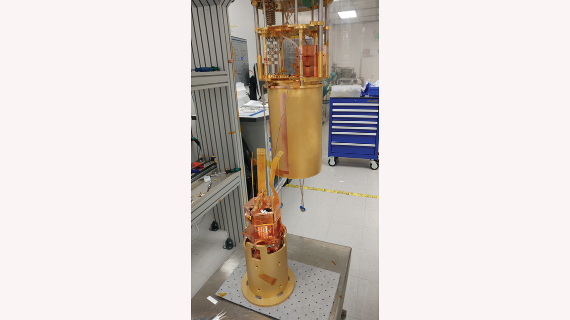 SuperCDMS SNOLAB enginnering tower being prepared for the installation into the dilution fridge test facility in Building 33 at 