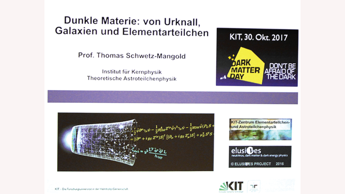 Photo of two Karlsruhe Institute of Technology researchers summarizing scientists' current understanding of dark matter