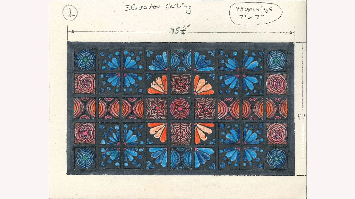 Photo of Gonzales’s artwork for her design for the elevator ceiling tiles